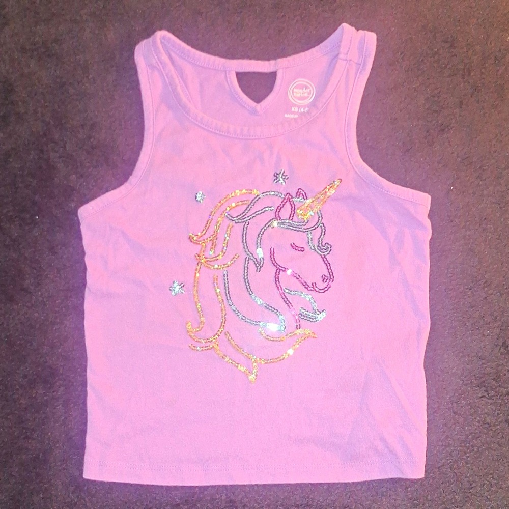 Wonder Nation Girls XS Purple Unicorn Graphic Glitter Tank Top Keyhole Back